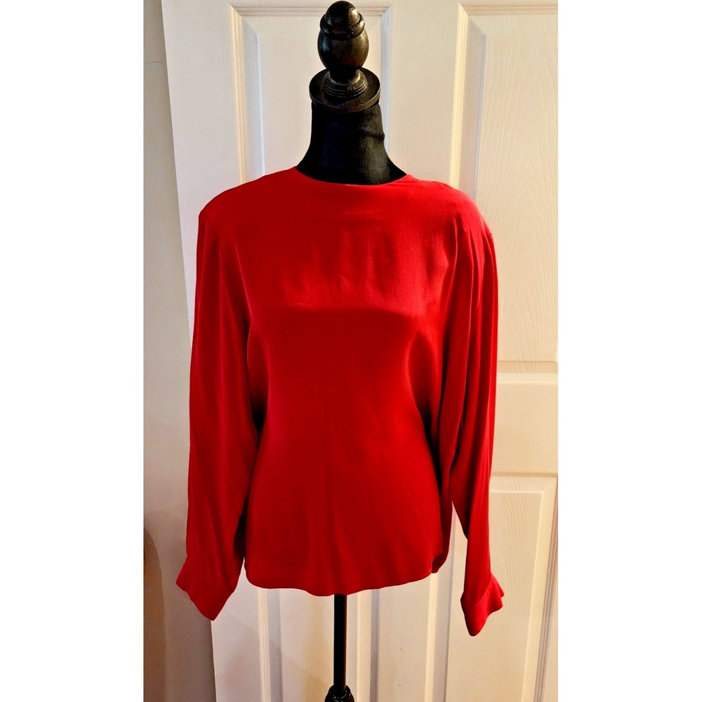 Women's 1990's Long Sleeve Jewel Neck Blouse by Ann May in Red Size LG